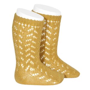 Calcetines altos algodón cálido calados Mostaza (629)
