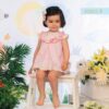 vestido de bebé rosa concuadros vichy, pechera de patitos y lazo rosa