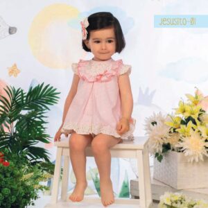 vestido de bebé rosa concuadros vichy, pechera de patitos y lazo rosa